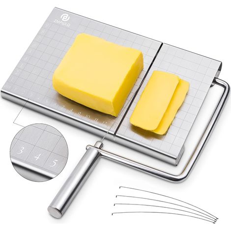 MIMOSON-Cheese cutter, cheese slicer stainless steel, wire cheese cutter for cheese butter, cheese slicer with cutting wire and scale plate (board size: 12 21 cm), variable cutting thickness, cuts ve (1/5)
