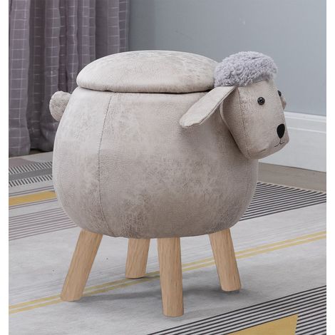 Hallowood Furniture Sheep Round Storage Stool with Wooden Legs, Brown Fabric Animal Storage Ottoman with Lid, Cushioned Foot Stool for Kids and Adults, Footstool for Bedroom or Living Room