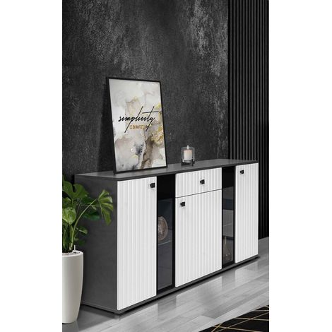 FURNIX buffet SARAI avec tiroir Buffet 3 portes portes vitrées 140 cm Matera blanc (1/5)