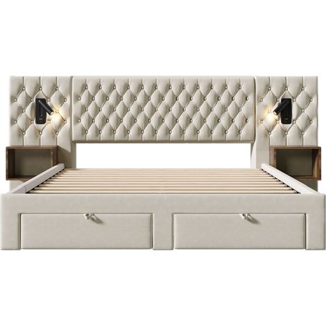 Letto matrimoniale 180x200 cm in velluto beige con 2 comodini, 4 cassetti, lampade e USB-C (1/5)