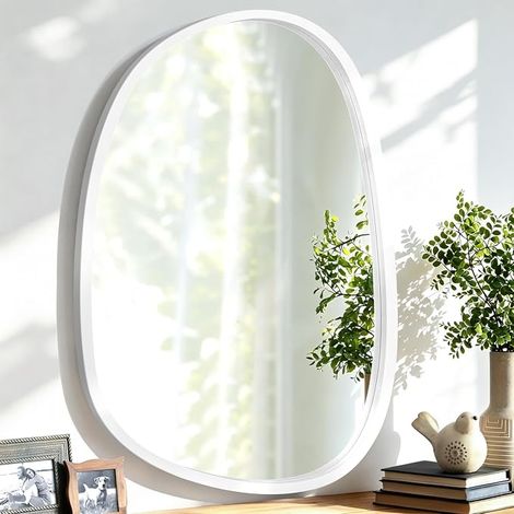 Miroir Ovale Asymétrique en Bois à Suspendre pour le Mur - Design Artistique et Décoratif de Forme Unique pour l'Entrée, Chambre à Coucher, Salon, Salle de Bain Blanc (1/5)