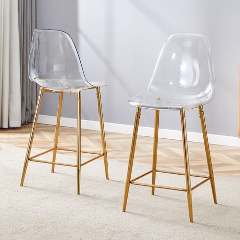 Ensemble de 2 tabourets de bar transparents, avec structure en métal argenté/doré/noir, chaises au design moderne pour la cuisine, le bar ou la salle à manger (chaises uniquement, table non incluse) (1/4)