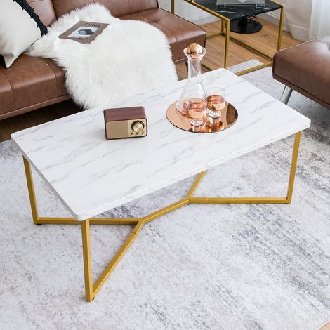 COSTWAY Mesa Baja Moderna, Mesas de centro Mesita Rectangular de Sofá con Superficie en Falso Mármol Patas Doradas Forma de Y (1/5)