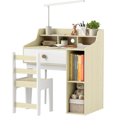Ensemble bureau et chaise en bois pour enfants, avec étagère et tiroir, 3-10 ans, blanc et bois (1/5)