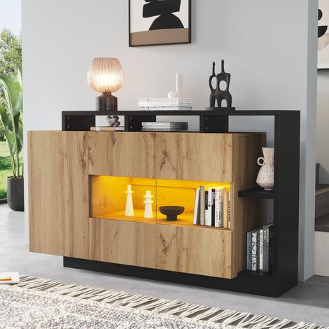 Credenza con 2 Ante, Ripiani Regolabili e LED Bluetooth per Soggiorno in MDF, Legno, 140×44×93.5 cm (1/5)