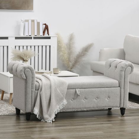 Banc banquette coffre 2 en 1 en tissu aspect lin avec pieds en bois 146,5 x 49 x 72 centimètres gris