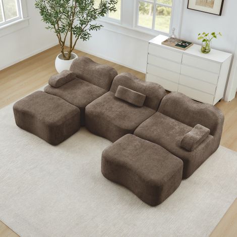 Canapé 3 places en U sans armature marron + 2 poufs, mousse 32D, assise profonde et accoudoirs mobiles, pour salon. (1/5)