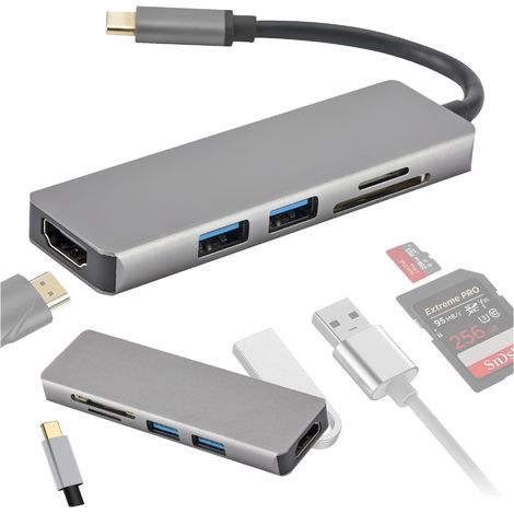 Convertisseur hub USB-C 3.1 avec 2 ports USB 3.0, HDMI et lecteur de carte micro SD (1/5)