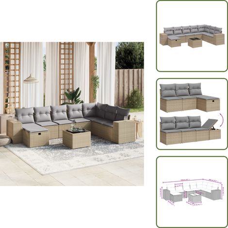 The Living Store 9-tlg. Garten-Sofagarnitur mit Kissen Beige Poly Rattan - Gartenmöbel Set - PE-Rattan Gartenmöbel - Outdoor Lounge Set - Esstisch Set - Sofasatz (1/5)