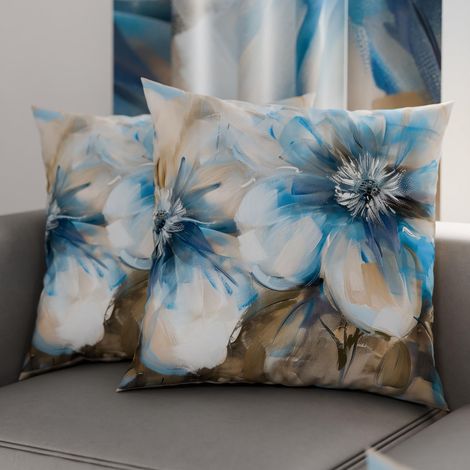 Lot de 2 Taies d'Oreillers 60x60 cm 100% Microfibre Hypoallergénique, Housse Oreiller Rectangulaire Motif Floral Bleu Beige, Paquet de 2, Fabriqué en Italie (1/3)