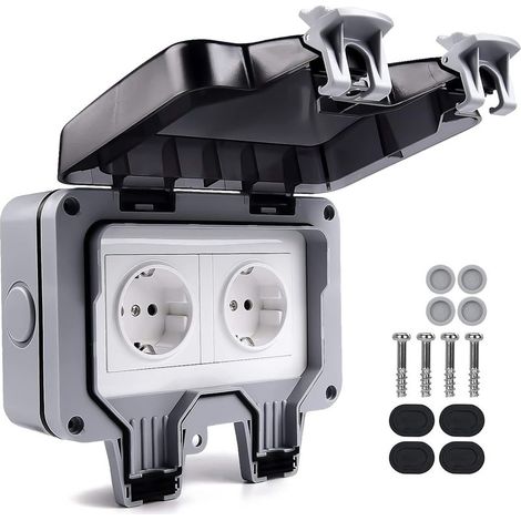 IP66 Waterproof Socket, Weatherproof Outdoor Sockets, Outdoor Wall Socket, Waterproof Junction Box, Waterproof Double Socket, for Kitchen, Bathroom, Garage, Pool and Garden (1/5)