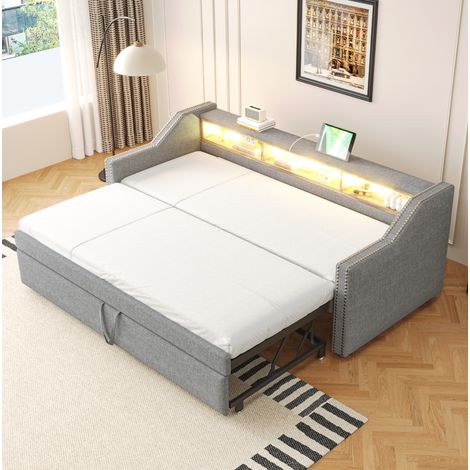 Lit gigogne capitonné 90 x 200 cm en tissu gris avec rangements, LED, USB et sommier (1/5)