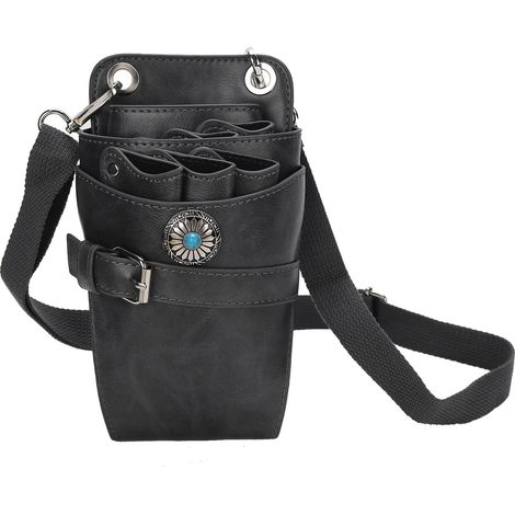 Sacoche de coiffure rétro noire pour ciseaux professionnels, étui barber avec pochettes, trousse à outils de salon, sacoche souple pour barbier. (1/5)