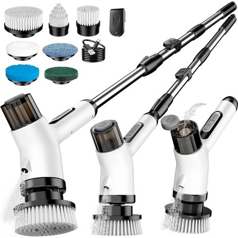 Brosse de nettoyage électrique, brosse rotative avec 7 brosses interchangeables, manche télescopique, étanche IPX7, chargement USB à 2 vitesses (1/5)