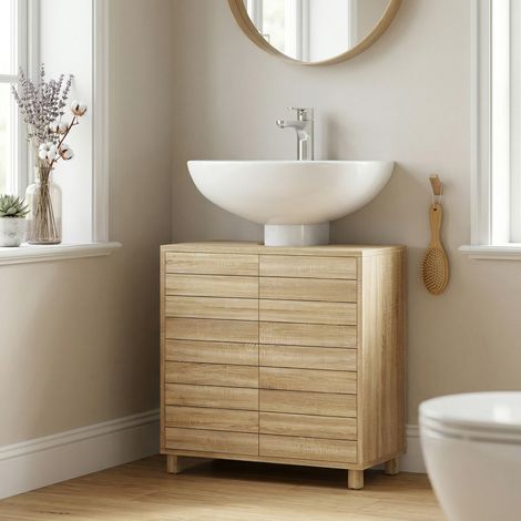 Mueble bajo fregadero, hueco en forma de U, puertas de lamas, estante ajustable, mecanismo de apertura por presión, 60x30x60cm, Natural