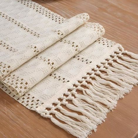 Chemin de table boho beige glands coton lin macramé, style rustique ferme cuisine mariages fêtes 30x140cm (1/5)
