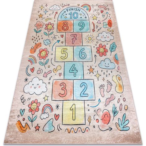 Tapis lavable BAMBINO 61470 marelle, nombres, fleurs pour les enfants antidérapant - rose / bleu pink 200x290 cm (1/5)