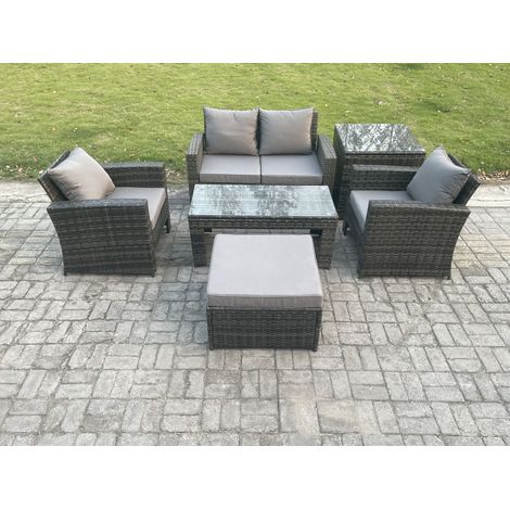 Fimous 5 Seater Outdoor Rattan Garden Furniture Set Patio Lounge Sofa Set with Coffee Table Big Footstool Side Table Dark Grey Mixed (1/5)