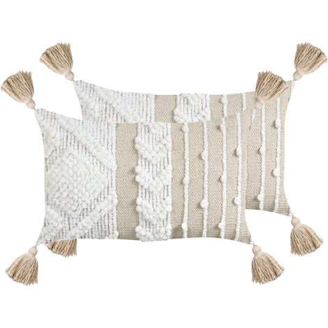 Lot de 2 Coussins en Coton 30 x 50 cm Rectangulaire avec Pompons Blanc Cassé Valvaria (1/5)