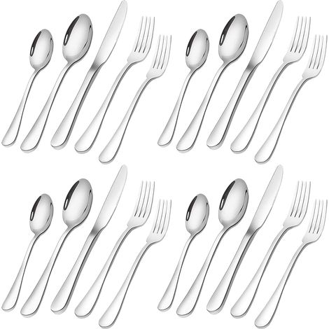 Ensemble de 20 pièces de couverts en acier inoxydable poli miroir, comprenant couteaux, fourchettes et cuillères pour 4 personnes. (1/5)