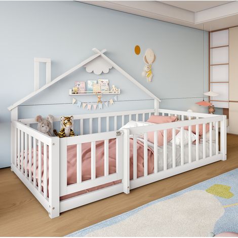 MODFU – Lit cabane enfant 90x190 cm pin/MDF blanc – Barrière verrouillable – Design maison – 120 kg – Blanc (1/5)