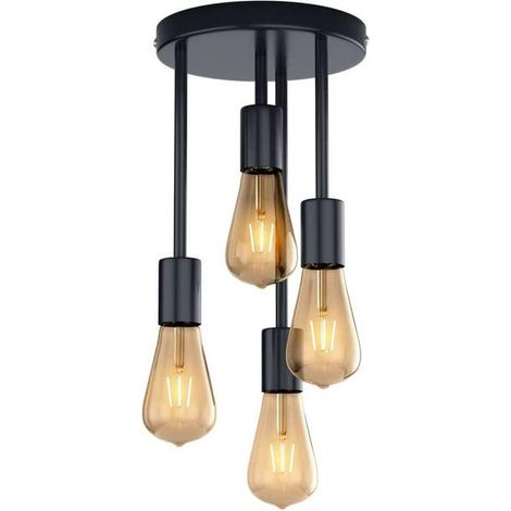 Plafonnier Vintage Industriel Rétro en LED Lustre Douilles Lampe Suspendue pour Salle à Manger Cuisine Salon Bar Restaura E27 4 Métal Noir (1/4)