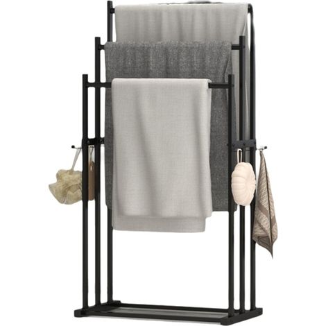 Freistehender Handtuchhalter aus Metall mit 3 Stangen, für Badezimmer und Schlafzimmer, einfach zu montieren, stabil, 44 x 25 x 84 cm, schwarz, mit Haken