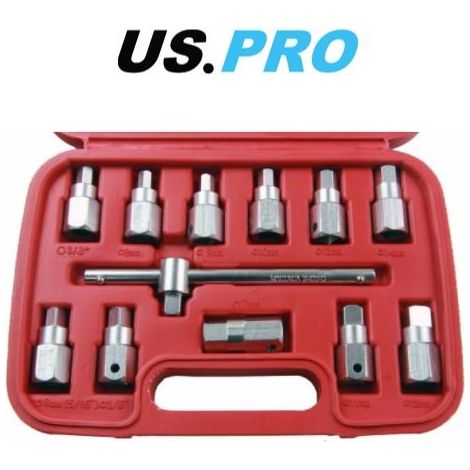 US PRO 12pc 3/8" Drain Plug Key Socket Set Axle Oil Sump Spanner Drive 3096 (1/3)