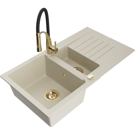 Mexen Matias évier en granit 1,5 bac avec égouttoir et mitigeur cuisine Aster, beige - 6502-69-73450-57-G (1/5)