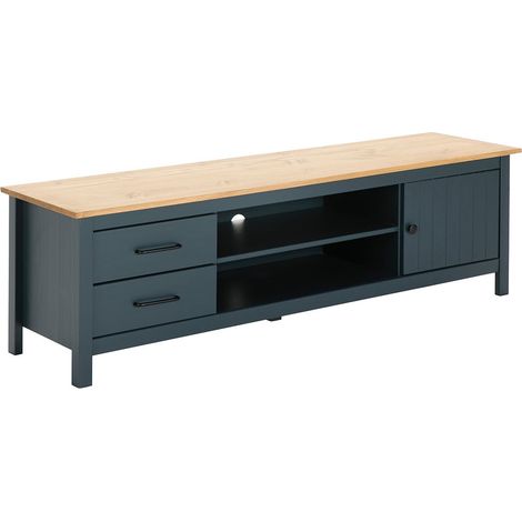TINA - Meuble TV 1 Porte 2 Tiroirs Bois Ciré et Bleu Pétrole (1/5)