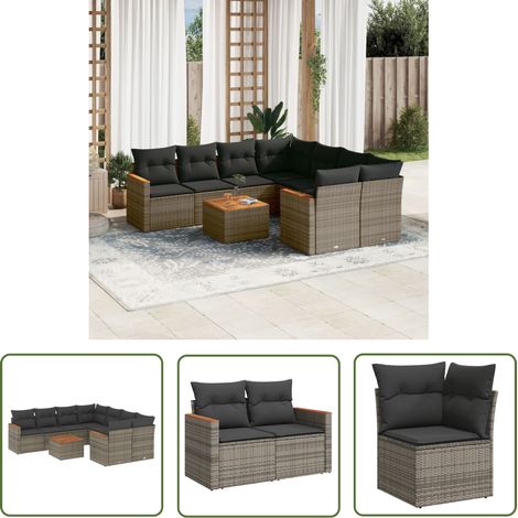 The Living Store 9-tlg. Garten-Sofagarnitur mit Kissen Grau Poly Rattan - Gartenmöbel Set - Outdoor Lounge - Rattan Gartenset - Esstisch Set - Balkonmöbel (1/5)