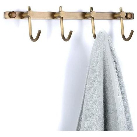 Handtuchhakenhalter aus gebürstetem Messing, Wandmontierter Hakenhalter aus gebürstetem Messing, antike Messing-Reihenhaken mit 4 rustikalen Wandhaken (1/5)