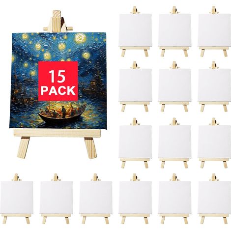 Mini-Staffelei-Leinwand-Set, 15-teilig, Mini-Leinwand 10 x 10 cm und Staffelei 9 x 16 cm, dreieckiger Ständer aus Massivholz für die Bürodekoration, DIY-Malkunst für Kinder, kreatives Geschenk (1/5)