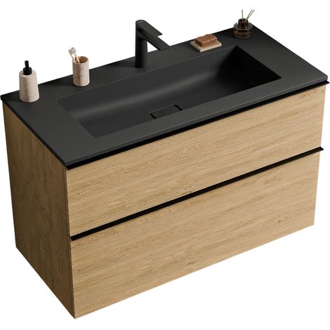 BERNSTEIN - Mueble lavabo suspendido MDF roble miel, lavabo fundición negro mate + orificio grifería, tirador negro mate 80x46x62cm - LAVOA Negro mate, Roble Miel Oro, Negro mate con orificio para gri