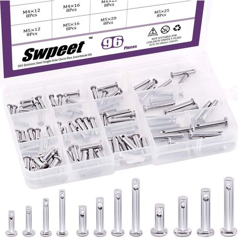 96 pièces u clip pin combo Kit, 304 acier inoxydable m3 M4 M5 type 12 broche à tête plate avec trou goupille de positionnement, t - rond goupille avec boîte en plastique (1/5)