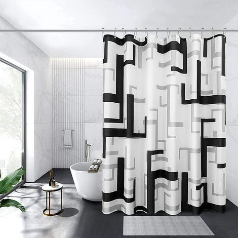 Rideau de douche de salle de bain noir avec crochets, rideau de douche blanc géométrique moderne avec imperméable, lavable en machine, 72 "x 72" (1/5)