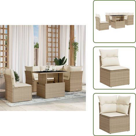 6-tlg. Garten-Sofagarnitur mit Kissen Beige Poly Rattan - Gartensorte - Gartenmöbelset - PE-Rattan Möbel - Outdoor Sofa - Lounge Set (1/5)