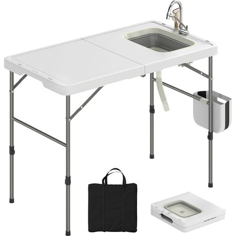 Mesa plegable para limpiar pescado con altura ajustable, fregadero, grifo, manguera, cesta plegable, ranuras y bolsa