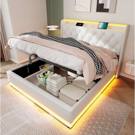 MEUBLIV Lit double LED 360 deg avec tete de lit capitonnee USB type C rangement hydraulique 160 x 200 cm blanc (1/5)