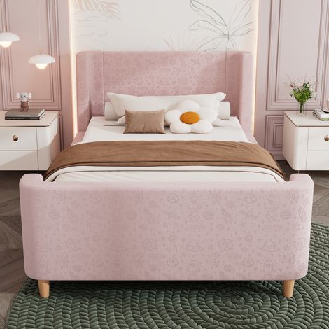 Lit enfant 90x200 cm - lit simple avec sommier et tête de lit capitonnée - velours - rose (sans matelas) (1/5)