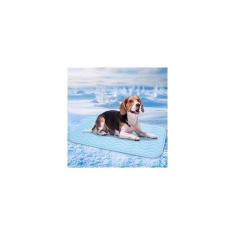 Alfombrilla refrescante para mascotas de 75x50 cm, transpirable y lavable, de seda helada, cojín duradero ideal para perros y gatos en verano, color azul. (1/5)