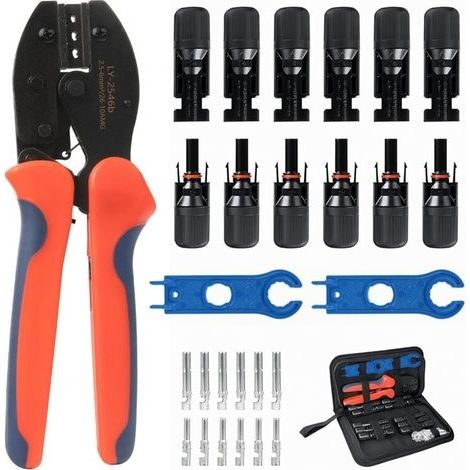 Pince à Sertir Solaire Kit pour Câble PV 2.5/4/6mm², 6 Paires de Connecteurs Solaires Mâle/Femelle, 1 Pince à Sertir, 2 Clés pour Connexion de Câbles Photovoltaïques (1/4)