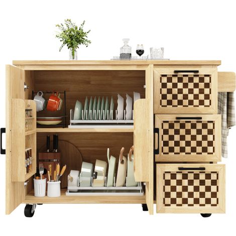 Îlot de cuisine, meuble de rangement, buffet, desserte à roulettes, équipée d'un porte-serviettes, d'une étagère intérieure, de deux portes et de trois tiroirs, motif damier, finition bois, 120 x 45 ( (1/5)