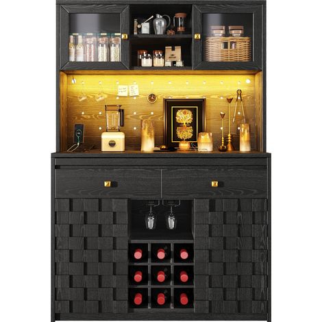 Vitrine éclairage led meuble de rangement étagères réglables façade acrylique poignées dissimulées panneau perforé porte-bouteilles (1/4)