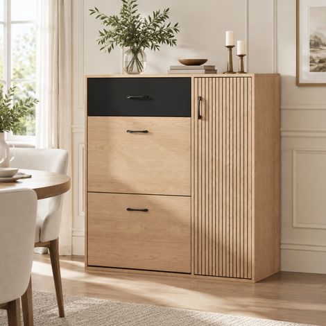 Mueble zapatero estrecho 100 x 35 x 106 cm, 1 cajón, 2 abatibles, natural y negro DESVIAE