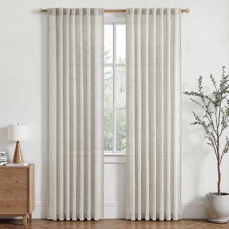 Rideau Voilage en Lin Naturel Semi-Transparent pour Fenetre Salon Chambre Adulte Bureau Baie Vitrée, Lot de 2 Panneaux de Rideaux Intérieurs Passe Tringle, 140x220 CM (1/5)