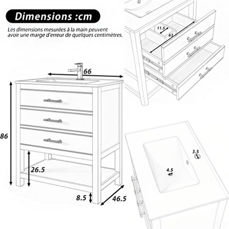 Meuble vasque blanc avec vasque en céramique – Meuble de salle de bain indépendant, 2 tiroirs et compartiment ouvert, panneau MDF laqué, poignées dorées – Sans robinetterie ni bonde – Élégance et rang (1/2)