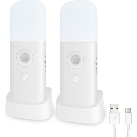 SABIR Veilleuse avec détecteur de mouvement [Lot de 2], rechargeable, portable, avec câble USB, applique murale sans fil avec allumage et arrêt automatique pour armoire, cuisine, escalier, chambre à c (1/5)