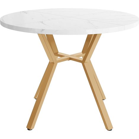 Mesa de comedor redonda Ø100 cm con acabado efecto mármol y base metálica dorada (1/5)