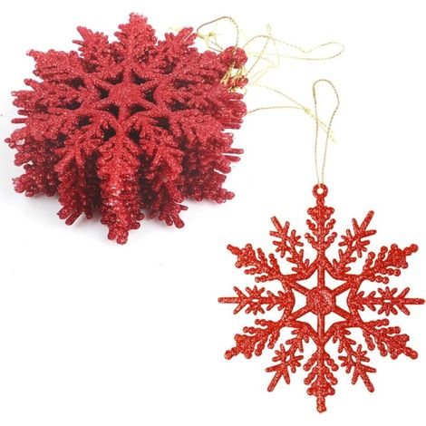 12 adornos navideños de copo de nieve de acrílico rojo, 10 cm, para árbol de Navidad, decoración festiva colgante para el hogar y uso en interiores. (1/4)